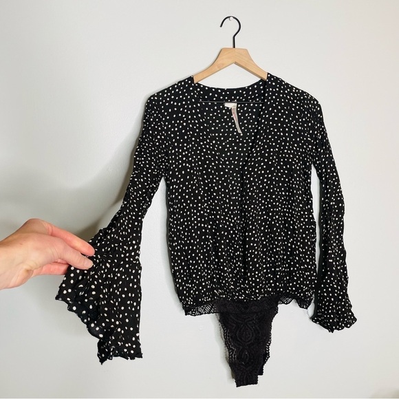Free People Black Polkadot Flare Sleeve Bodysuit - Picture 1 of 11